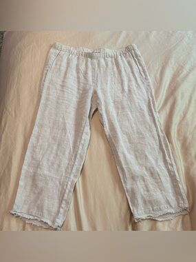 Eileen Fisher Organic 100% Linen Crop Pants Beige Elastic Raw Hem Petite Small